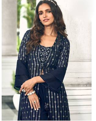 blue georgette embroidered & sequined semi stitched suit 2