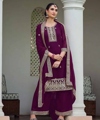 wine georgette embroidery & sequined semi stitched suit 3