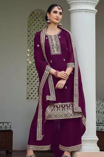 wine georgette embroidery & sequined semi stitched suit
