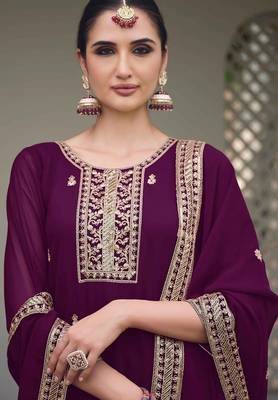 wine georgette embroidery & sequined semi stitched suit 4