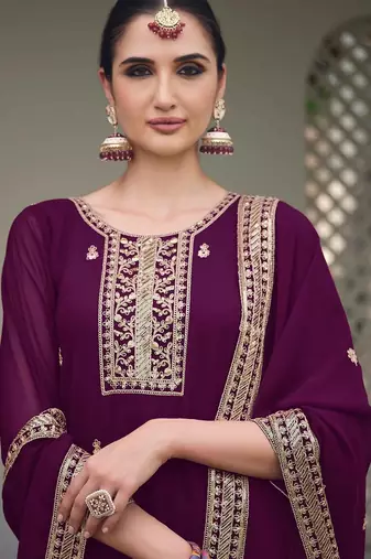 wine georgette embroidery & sequined semi stitched suit