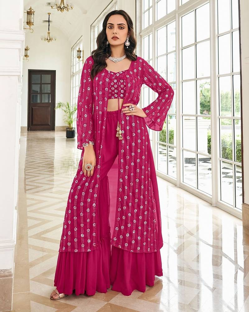 pink georgette embroidered & sequined semi stitched suit