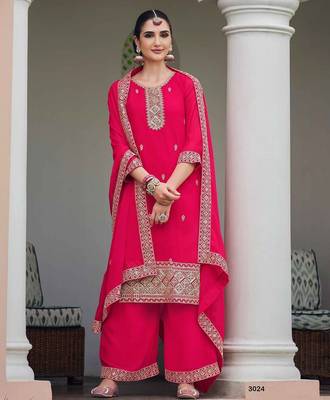 pink georgette embroidery & sequined semi stitched suit 4