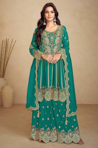 teal green chiffon embroidery & sequined semi stitched suit