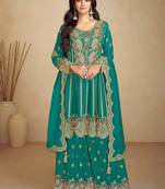teal green chiffon embroidery & sequined semi stitched suit