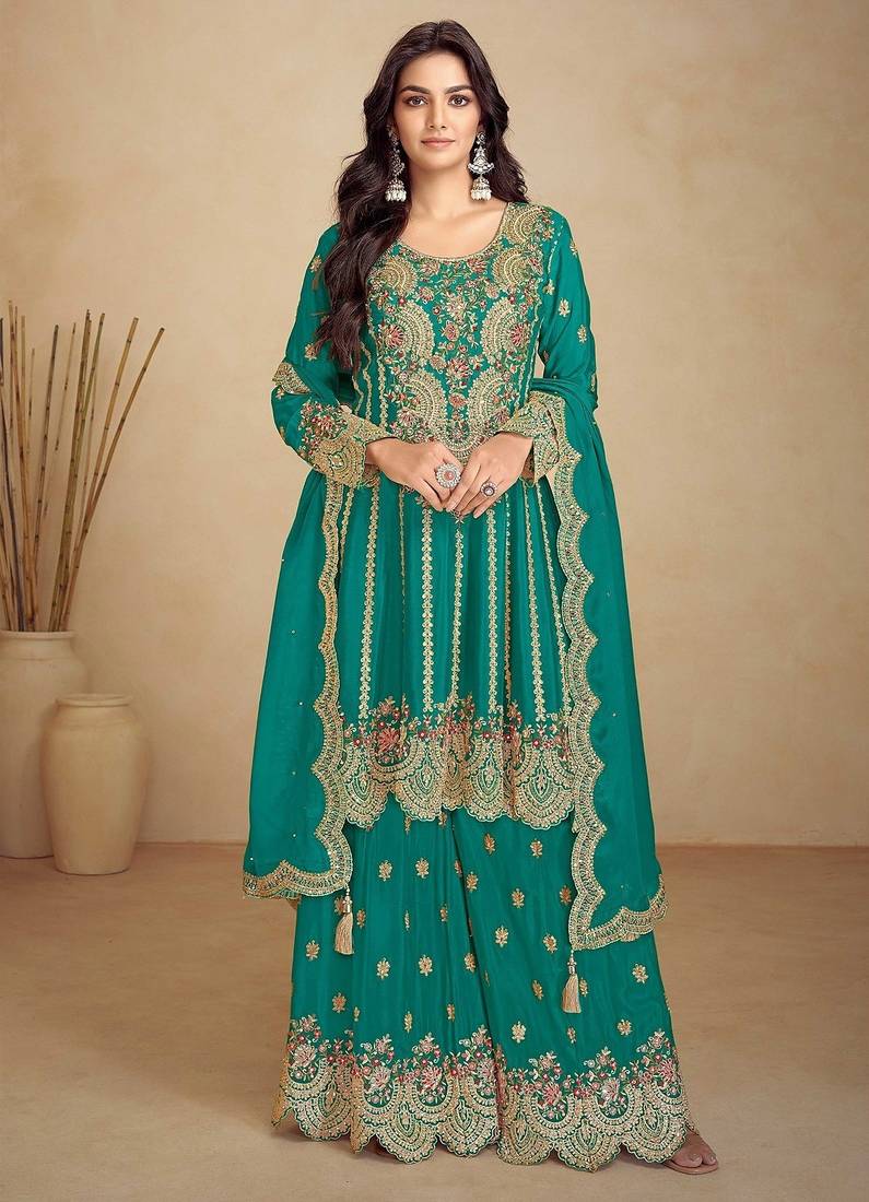 teal green chiffon embroidery & sequined semi stitched suit
