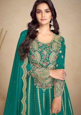 teal green chiffon embroidery & sequined semi stitched suit 2