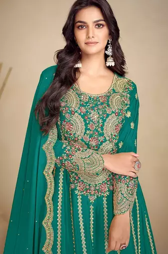 teal green chiffon embroidery & sequined semi stitched suit