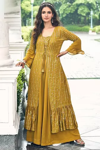 mustard georgette embroidered & sequined semi stitched suit