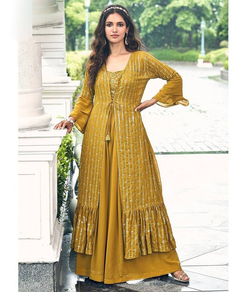 mustard georgette embroidered & sequined semi stitched suit