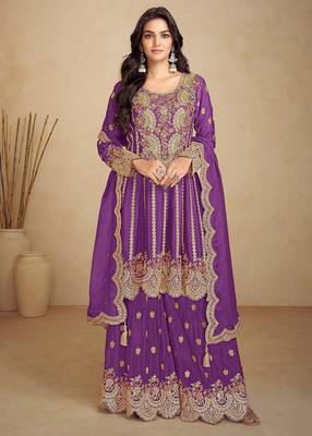 purple chiffon embroidery & sequined semi stitched suit 1
