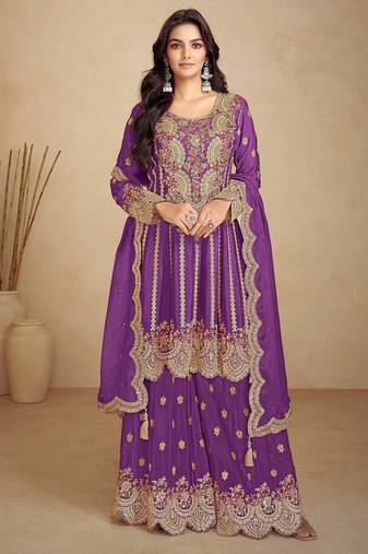 purple chiffon embroidery & sequined semi stitched suit