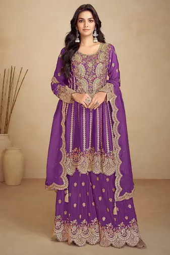 purple chiffon embroidery & sequined semi stitched suit