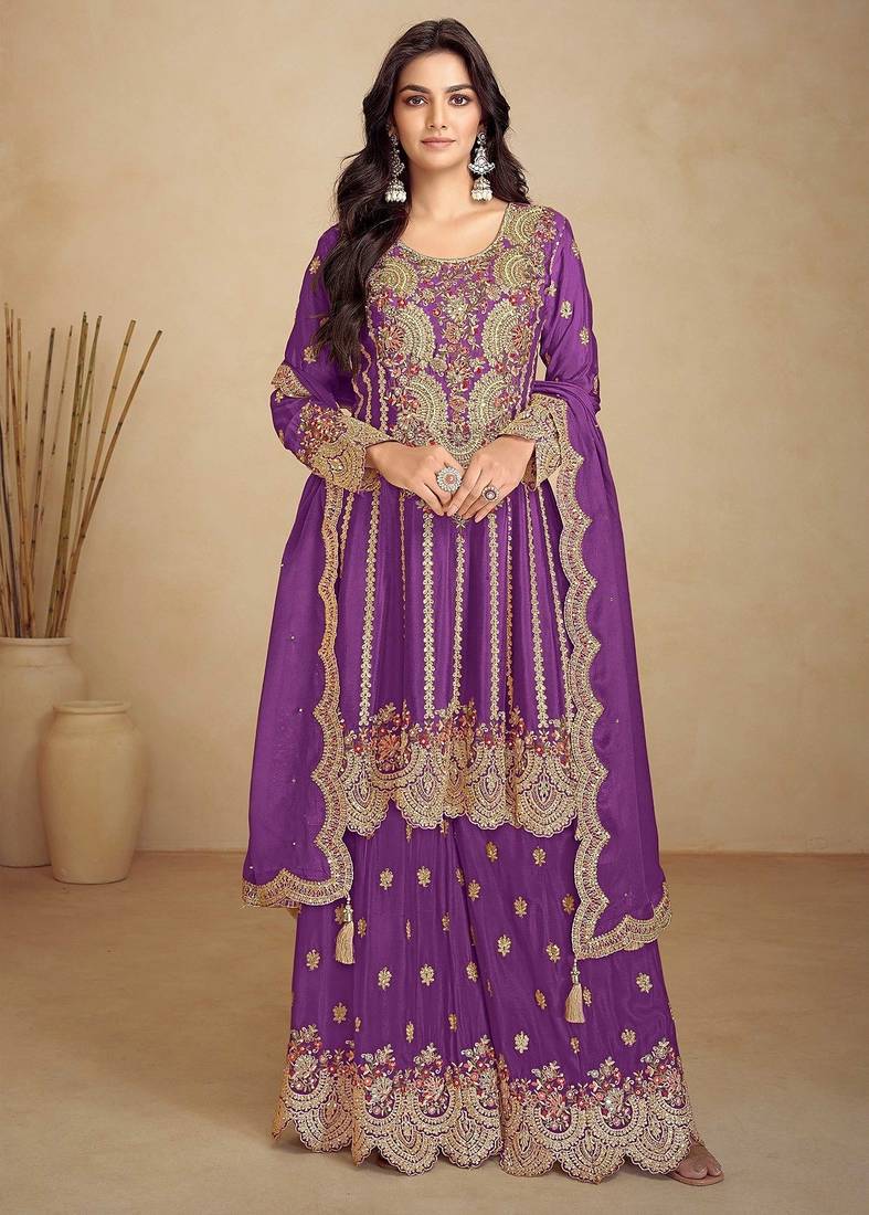 purple chiffon embroidery & sequined semi stitched suit