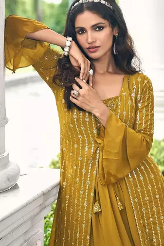 mustard georgette embroidered & sequined semi stitched suit