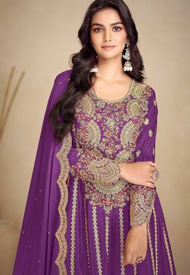 purple chiffon embroidery & sequined semi stitched suit 2