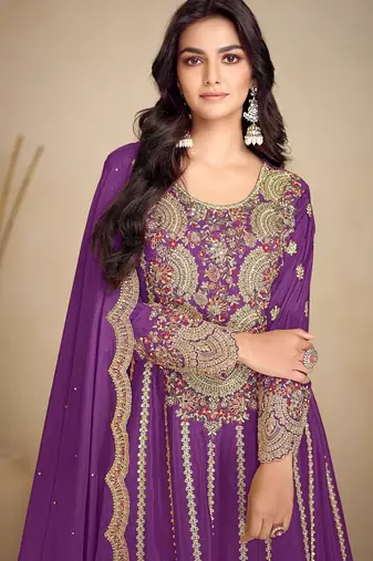 purple chiffon embroidery & sequined semi stitched suit