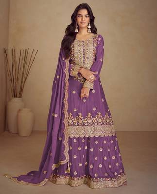 lavender chiffon embroidery  sequined & hand work semi stitched suit 1
