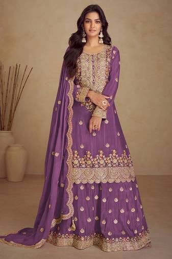 lavender chiffon embroidery  sequined & hand work semi stitched suit