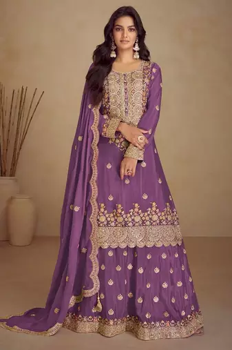 lavender chiffon embroidery  sequined & hand work semi stitched suit