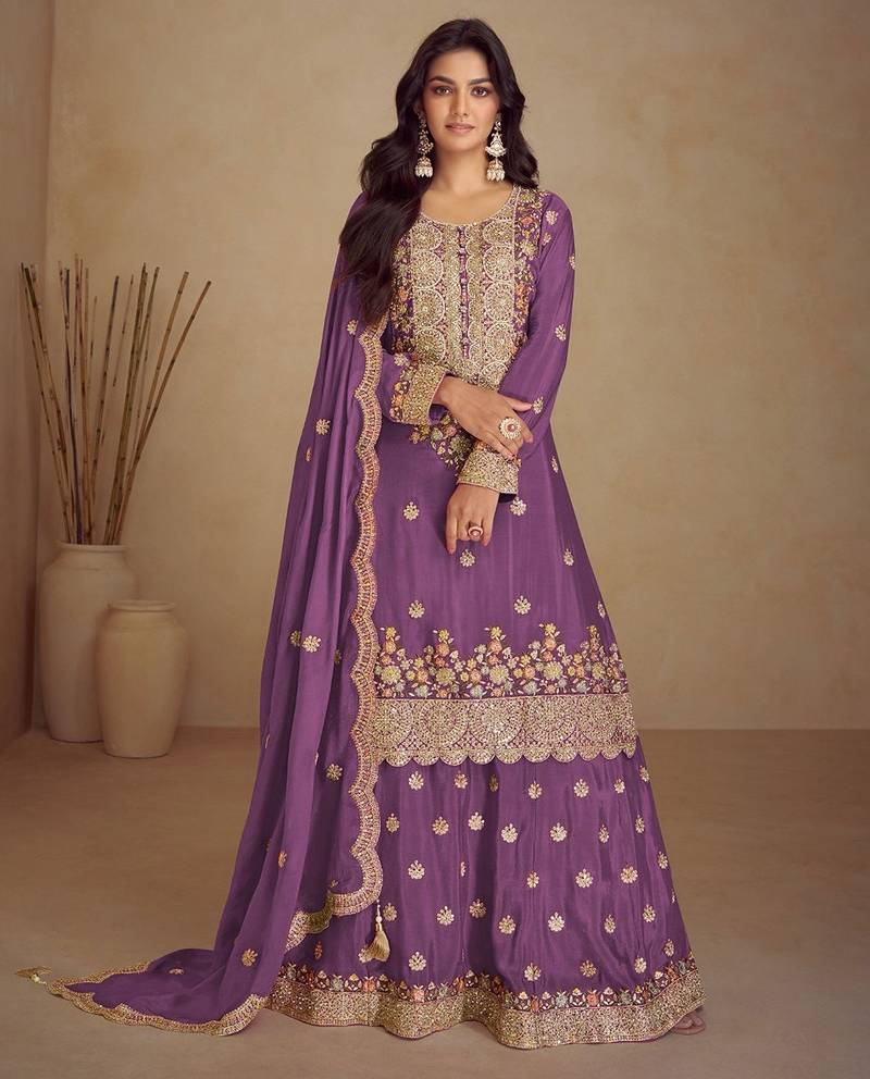 lavender chiffon embroidery  sequined & hand work semi stitched suit