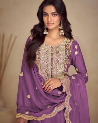 lavender chiffon embroidery  sequined & hand work semi stitched suit 2