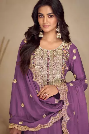 lavender chiffon embroidery  sequined & hand work semi stitched suit