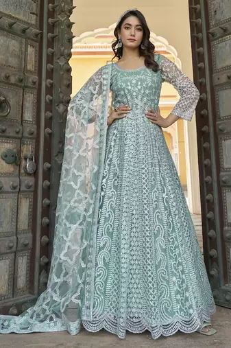 sea green net embroidery  stone & real mirror work semi stitched suit