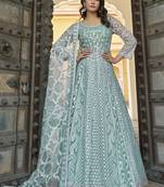 sea green net embroidery  stone & real mirror work semi stitched suit