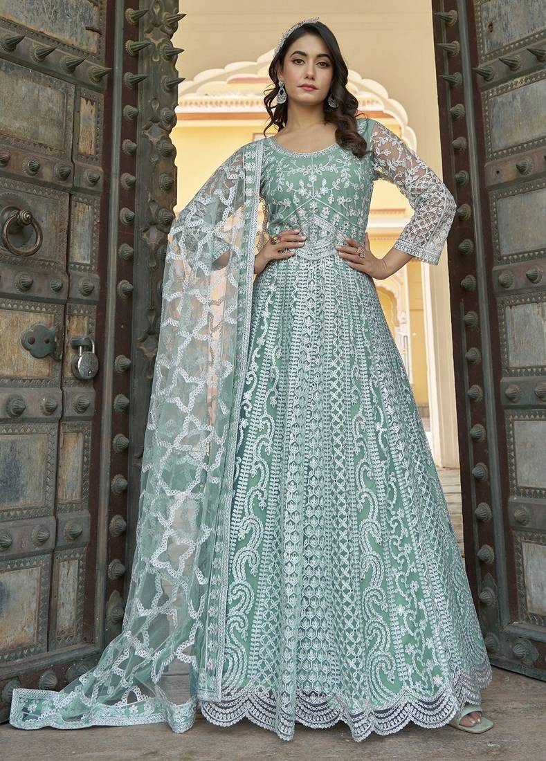 sea green net embroidery  stone & real mirror work semi stitched suit