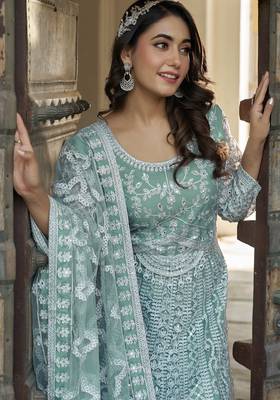 sea green net embroidery  stone & real mirror work semi stitched suit 2