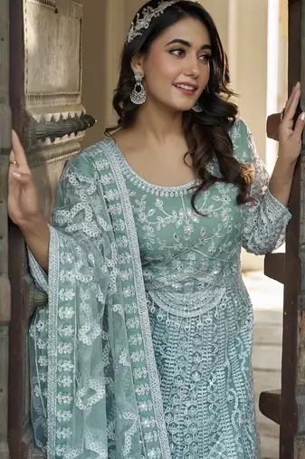 sea green net embroidery  stone & real mirror work semi stitched suit