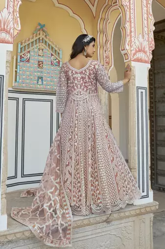 peach net embroidery  stone & real mirror work semi stitched suit