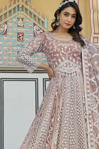 peach net embroidery  stone & real mirror work semi stitched suit