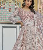 peach net embroidery  stone & real mirror work semi stitched suit