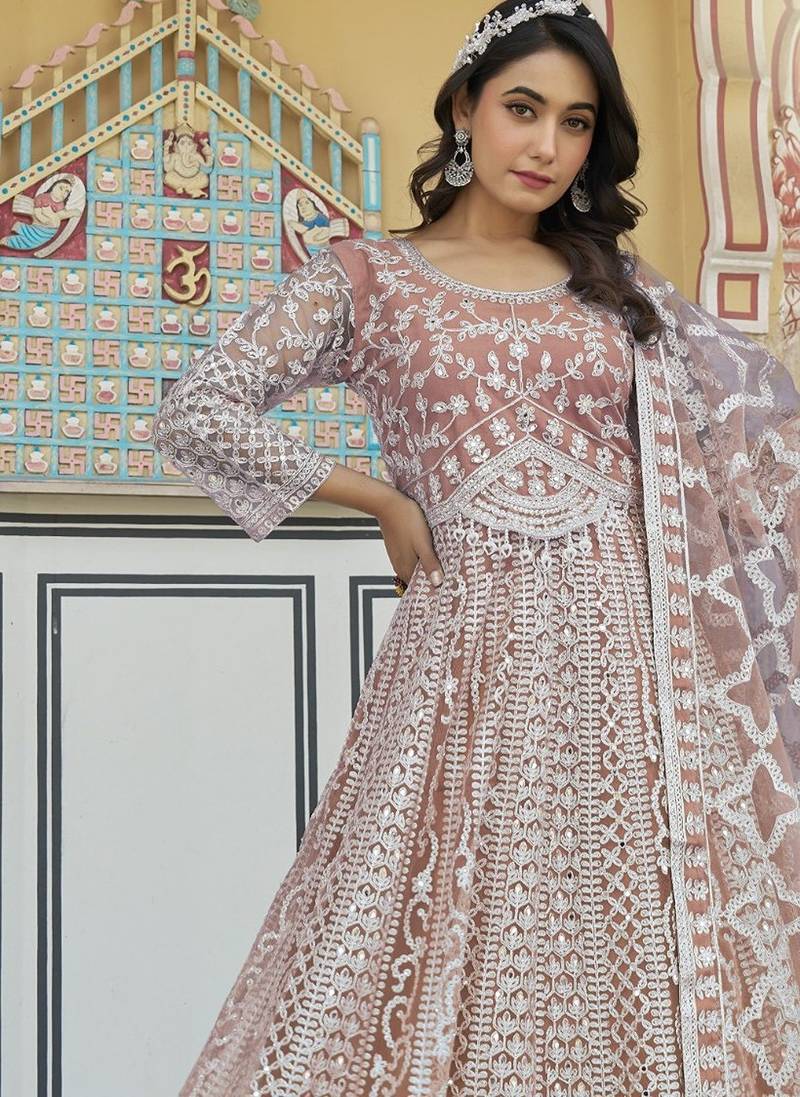 peach net embroidery  stone & real mirror work semi stitched suit