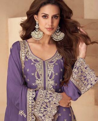 lavender chiffon zari embroidery  hand work  stone & sequined semi stitched suit 2