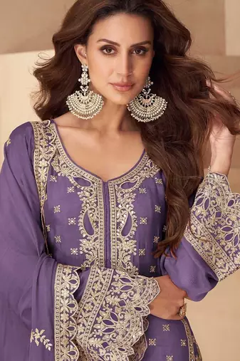 lavender chiffon zari embroidery  hand work  stone & sequined semi stitched suit