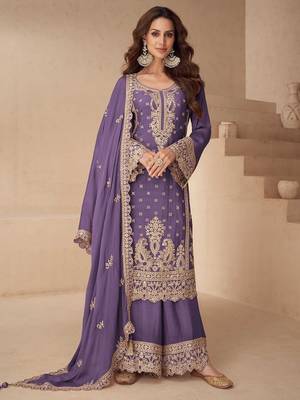 lavender chiffon zari embroidery  hand work  stone & sequined semi stitched suit 1