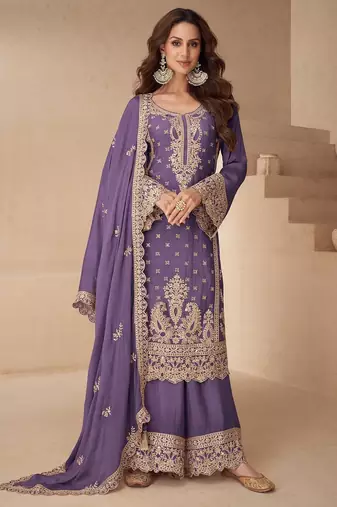 lavender chiffon zari embroidery  hand work  stone & sequined semi stitched suit