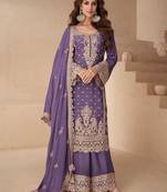 lavender chiffon zari embroidery  hand work  stone & sequined semi stitched suit