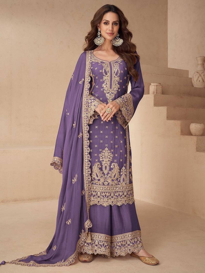 lavender chiffon zari embroidery  hand work  stone & sequined semi stitched suit