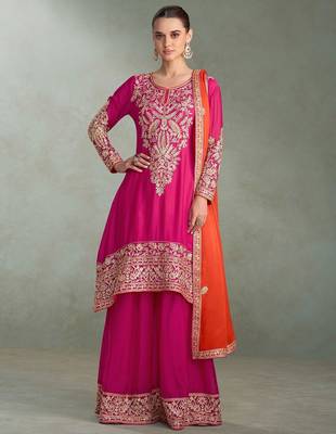 rani pink chiffon zari embroidery  sequined  plastic mirror & hand work semi stitched suit 1
