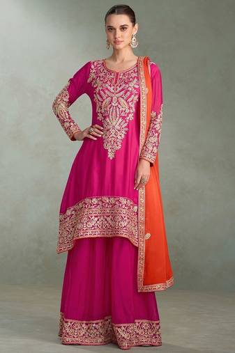 rani pink chiffon zari embroidery  sequined  plastic mirror & hand work semi stitched suit