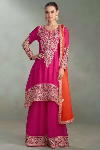 rani pink chiffon zari embroidery  sequined  plastic mirror & hand work semi stitched suit