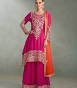 rani pink chiffon zari embroidery  sequined  plastic mirror & hand work semi stitched suit