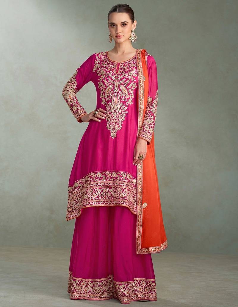 rani pink chiffon zari embroidery  sequined  plastic mirror & hand work semi stitched suit