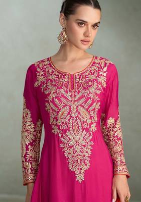 rani pink chiffon zari embroidery  sequined  plastic mirror & hand work semi stitched suit 2