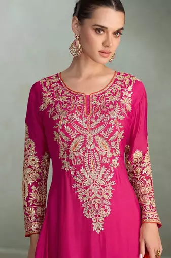 rani pink chiffon zari embroidery  sequined  plastic mirror & hand work semi stitched suit