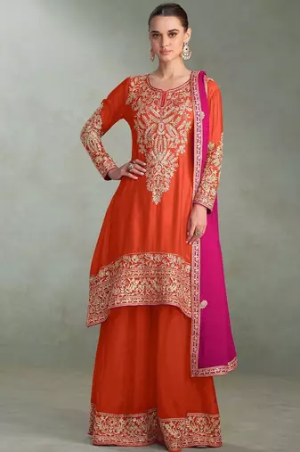 orange chiffon zari embroidery  sequined  plastic mirror & hand work semi stitched suit